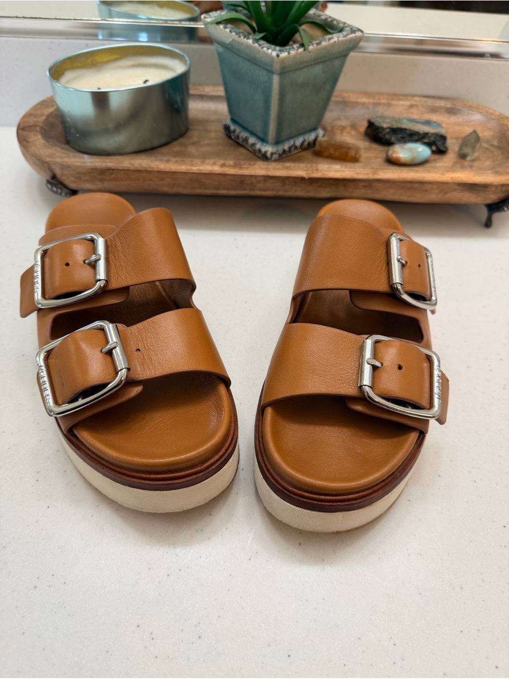 J/Slides NYC Bowie Tan Leather Double Buckle Platform Slides Size 8.5 Eur 39
